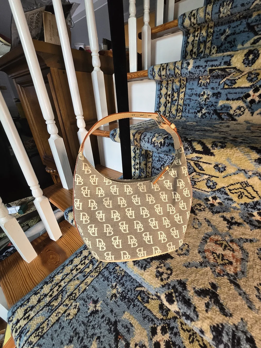 Dooney & Bourke Monogram Brown Canvas Shoulder Bag with Tan Leather Trim